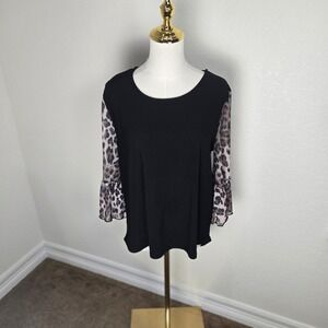 Love Scarlett Leopard Sheer Sleeve Blouse Womens L Black Bell Sleeve Tunic Top